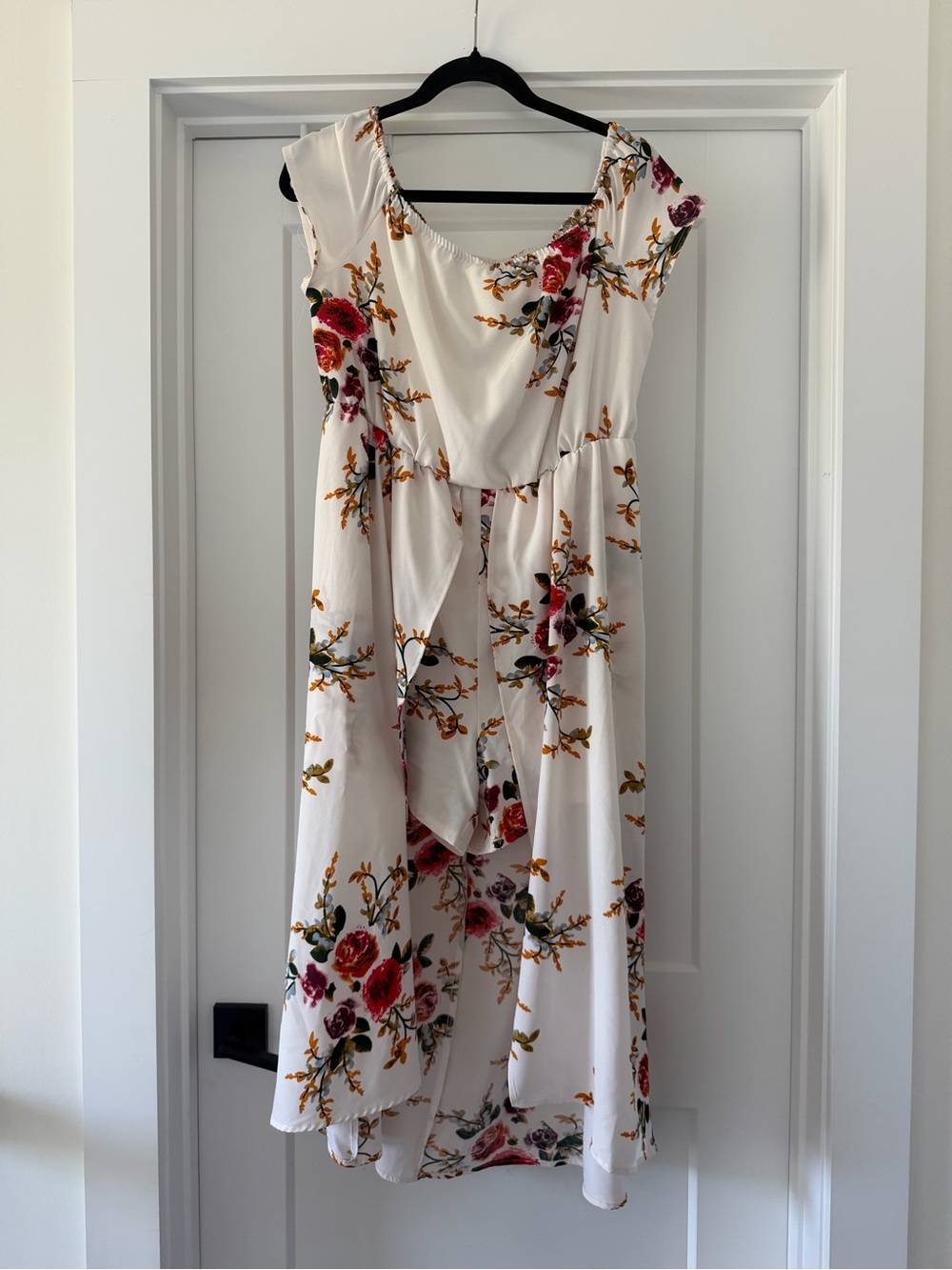 Floral Ivory High-Low Romper Maxi Dress with Rose Print